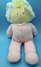 Vintage Eden Plush Doll Pink Terry Cloth Blonde Yarn Hair 10" Lovey Gingham Hat