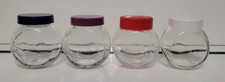 4 GLASS MINI CANISTER CONDIMENT JARS MULTICOLOR PLASTIC TWIST ON CAPS 6 OZS