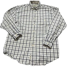VTG Eddie Bauer Button Up Shirt Mens Size L Beige Blue Plaid Thick Cotton STAIN 