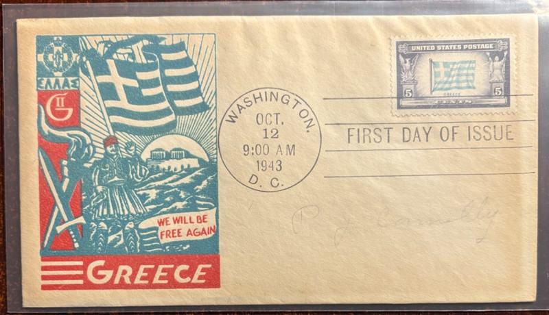 #916 Overrun Countries FDC: Greece with nice cachet, slight toning