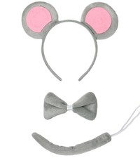 3 PCS Mouse Ears Headband Costume Set Grey Pink Rat Bow Tie Tail For Kids