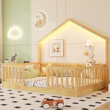 Full Floor Bed with High Rails Wooden Montessori Bed with Light for Kids Natural