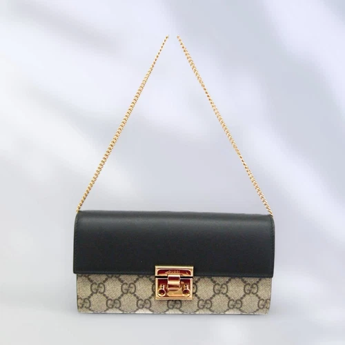 Gucci GG Supreme 453506 Portefeuille Long Femme Cuir Bifold Beige Noir Occasion