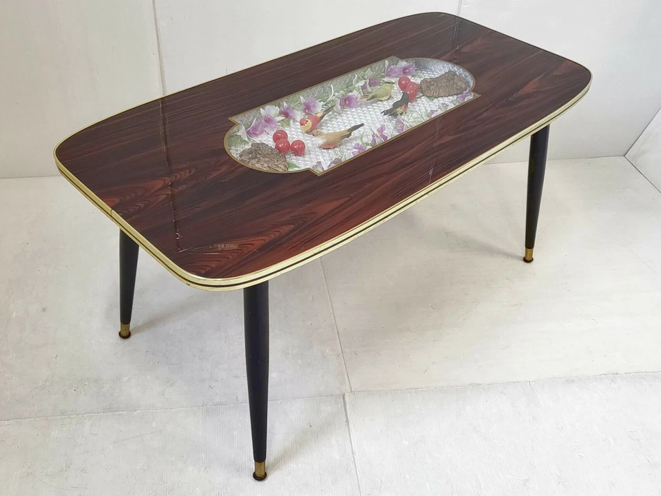 TABLE BASSE AUX OISEAUX 1960 VINTAGE EN BOIS VERRE & FORMICA 60S 1960S ANNEES 60 - Photo 4/4