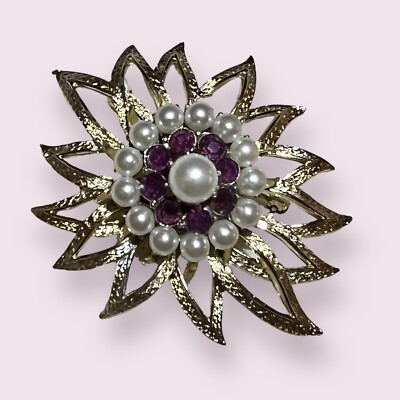 Vintage Flower Burst Brooch Pin With Faux Pearls And Amethyst