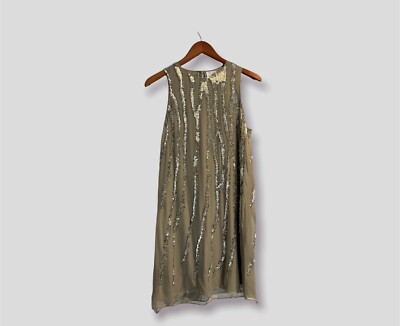 NWT PARKER Beaded Sequin Crew Neck Mini Shift Dress Tan Size M 100% Silk |  eBay