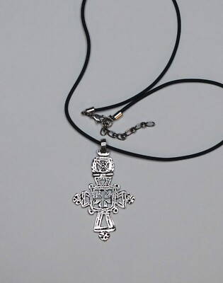 Cross Silver Pendant Black Rubber Cord Necklace