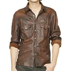 Mens Leather shirt Genuine Lambskin Motorcycle Button Slim Brown Jacket Shirt