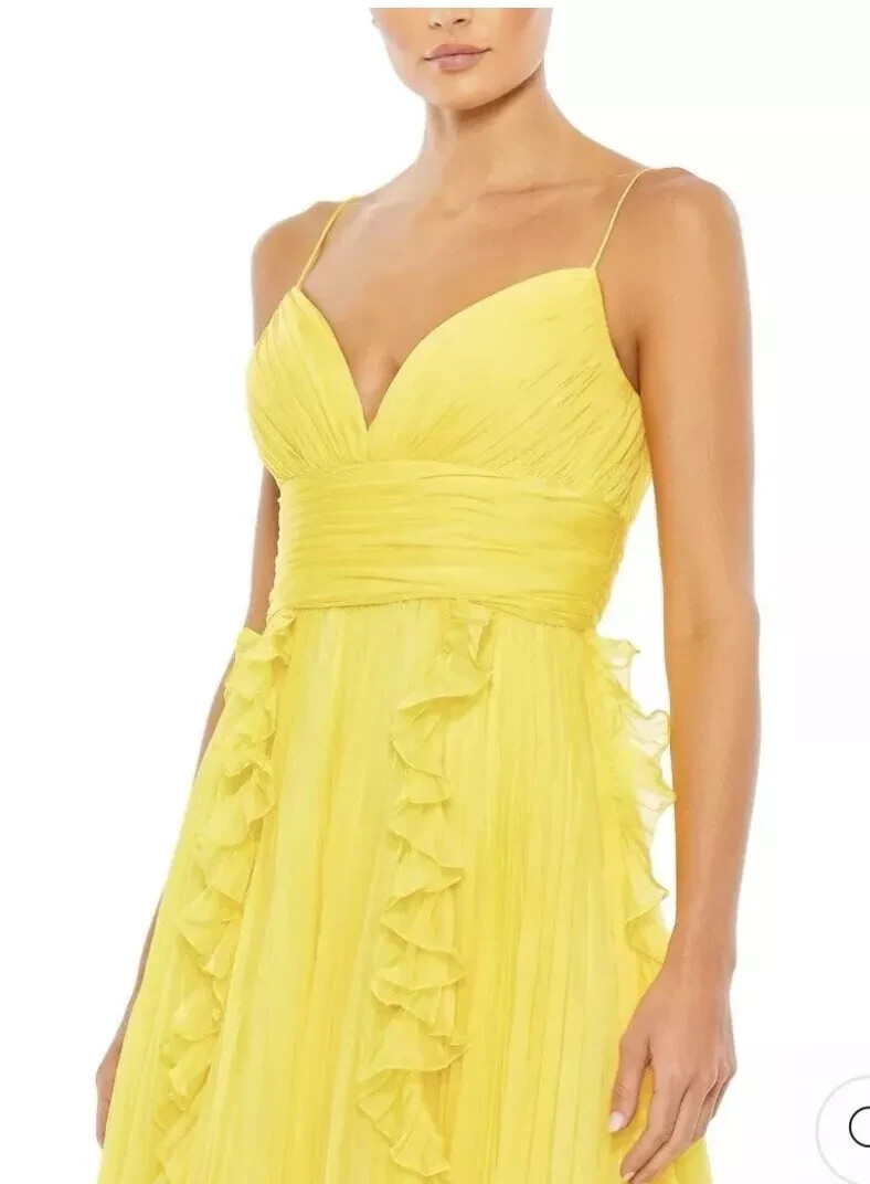 NWT Mac Duggal 49533 Yellow Pleated Spaghetti Strap Chiffon