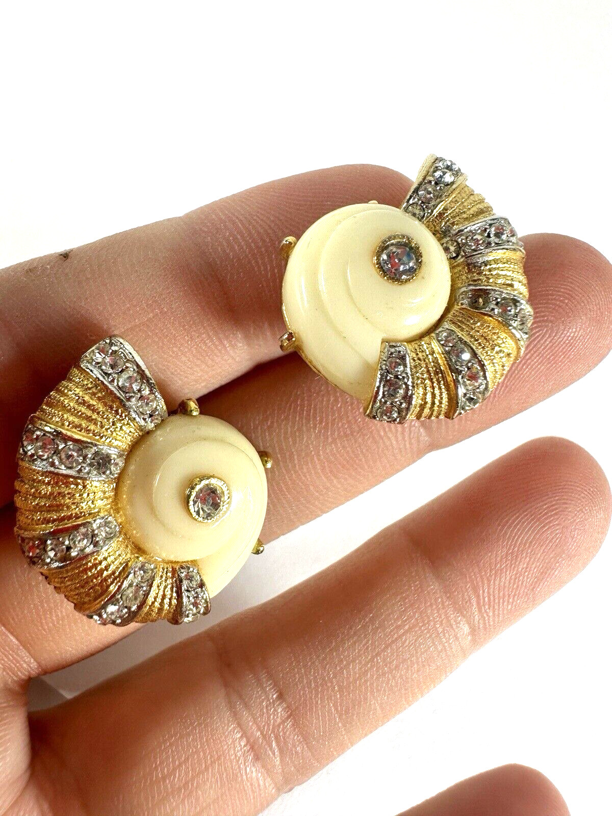 Vintage Earrings Clip On Hattie Carnegie Shell Scroll Rare Crystal