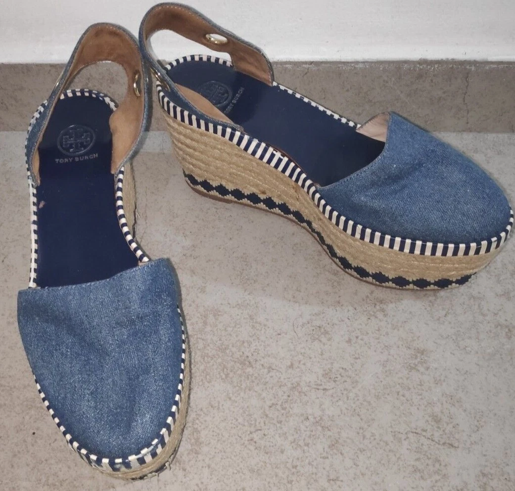 Tory Burch Denim Espadrilles Wedges Leather Soles 7 UK 5 EU 38 | eBay