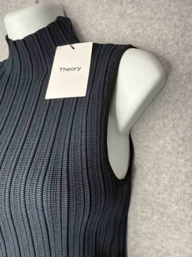 Theory Rib Neck Shell Silk Combo Black Navy Sz Small M076708R Funnel Neck $295 - Picture 2 of 12