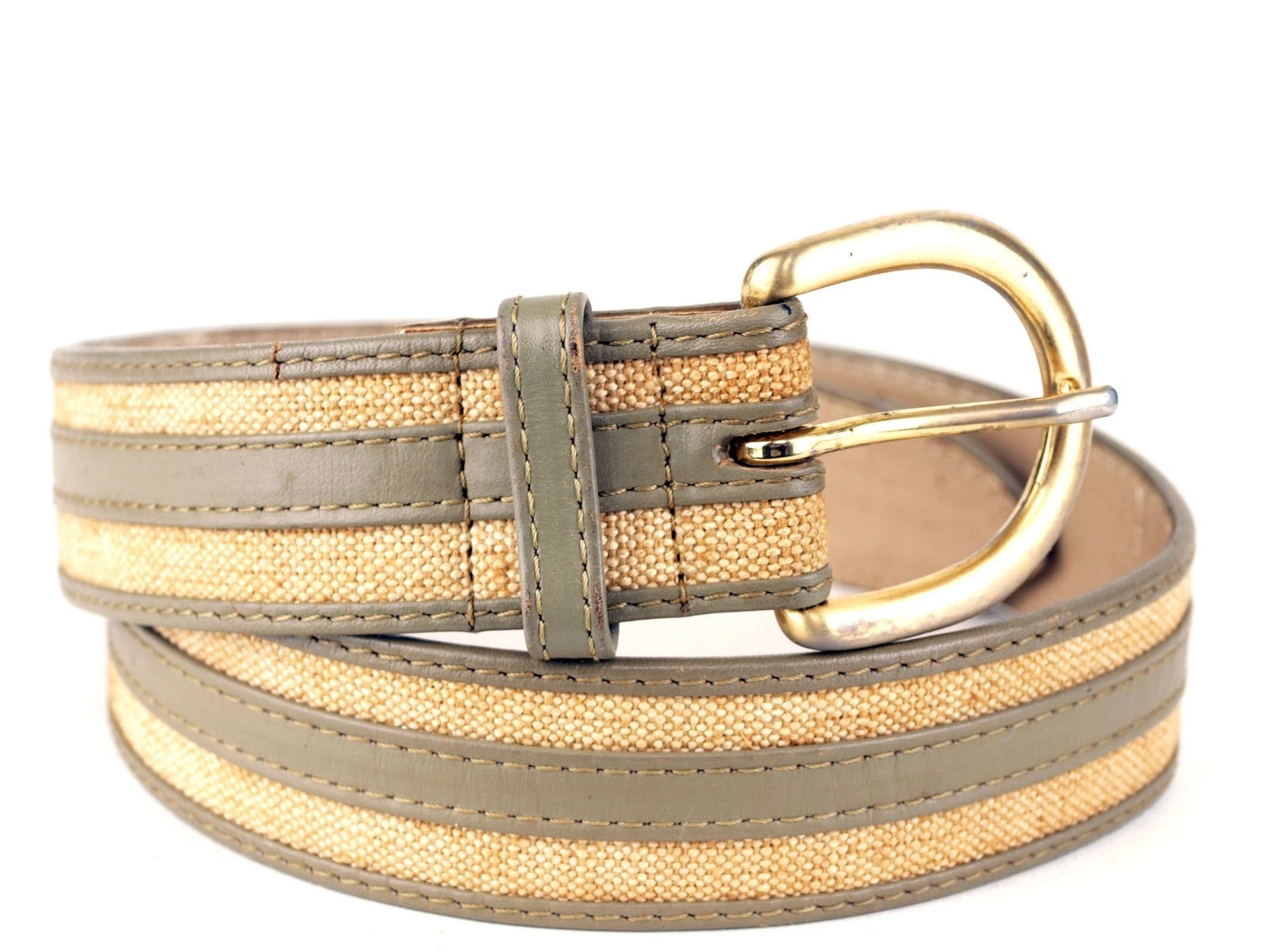 Ceinture boucle ton or toile sport Christian Dior et cuir beige 67 cm