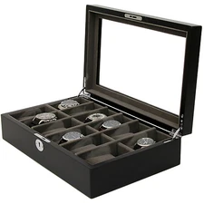 12 Watches Black Finish Wood Compartments - Open Box