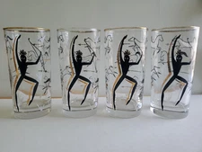 Vintage MCM Glasses Dancer Tribal Horses Bow Arrows Black Gold Marc Belleaire