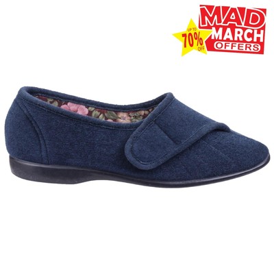 GBS Audrey Womens Ladies Touch Fastening Velour Slippers Navy