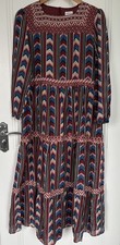 Brora Dress Size 8 Petrol Silk Cotton Geometric Midi Chevron - Petrol