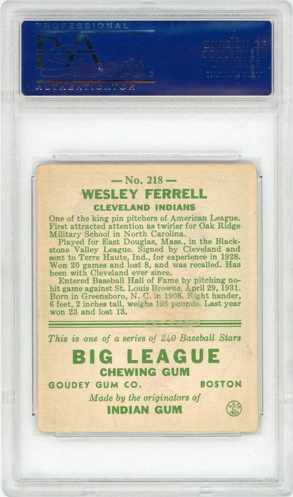 1933 Goudey Wesley Ferrell #218 PSA 4 view 2