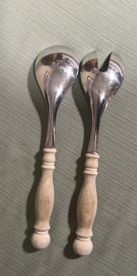 Vintage 11" Set of 2 WMF Cromargan Wood Handle Serving Spoon And Fork - Image 3 of 4