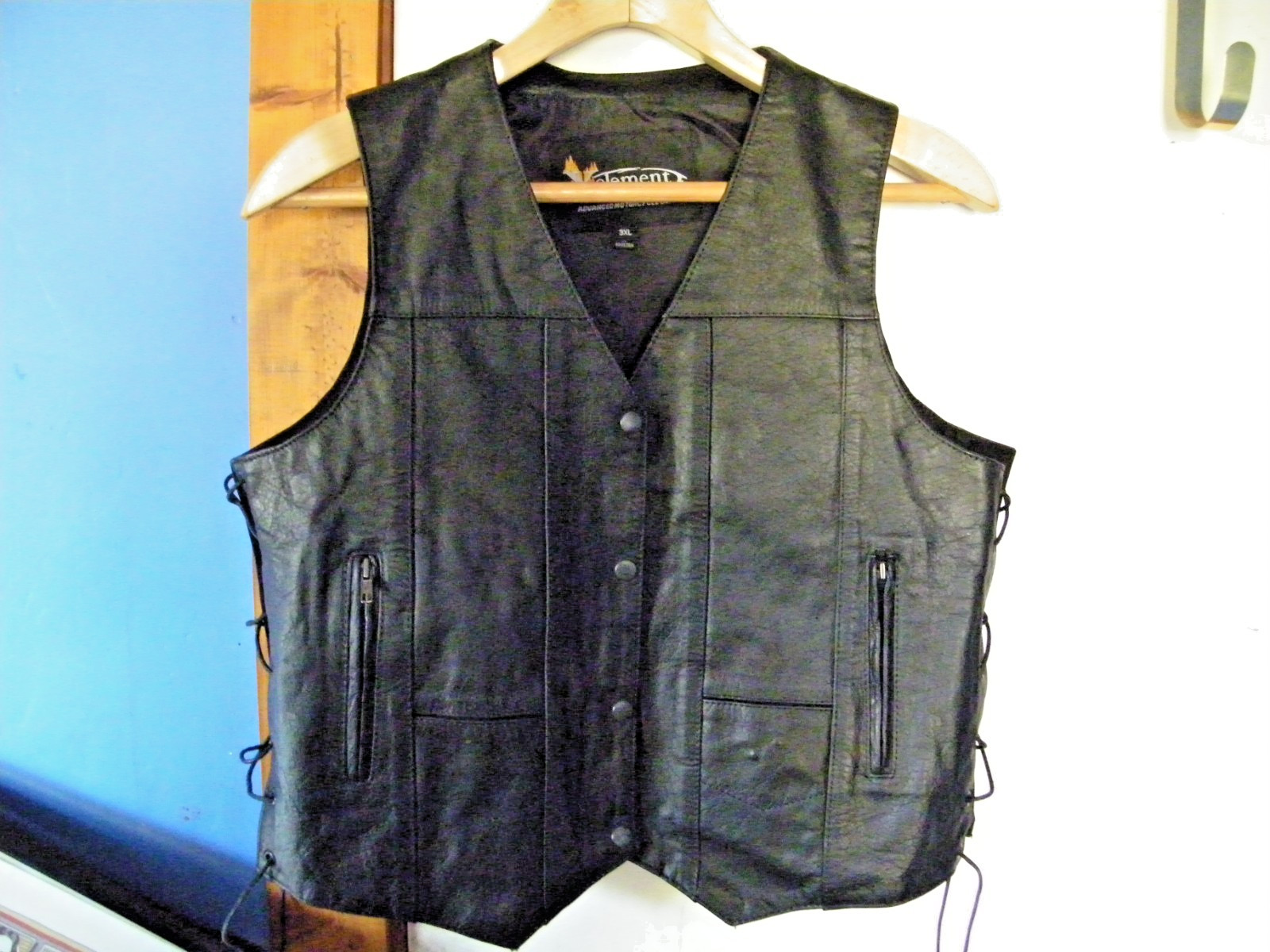 X Element Men's Black Leather Vest Biker Motorcycle Button Up XXXL Pockets