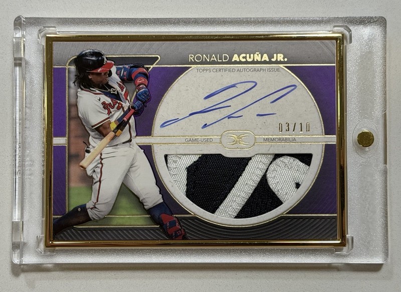 2021 Definitive Ronald Acuna Jr Gold Framed Patch Collection Purple Auto /10