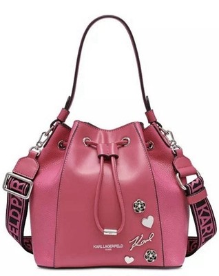 Karl Lagerfeld Paris Adele Bucket Bag.  Guitar Strap, Top Handle. Fuchsia. NEW