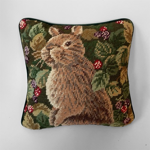 Needlepoint Brown Bunny Rabbit & Berries Small Throw Pillow Green Velour Back