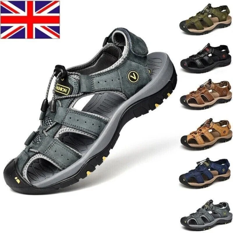 Outdoor Men Summer Sandals Walking Hiking Close Toe Beach Leather Shoes Size UK
