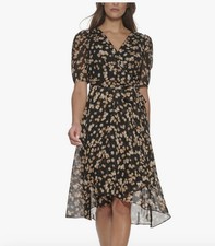 Tommy Hilfiger Chiffon Midi Dress Sz 2 Black With Tan Pink Flowers Long Sleeve