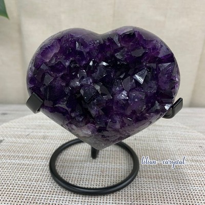 1.4LB  Natural Agate Amethyst Heart Crystal Pendant Healing Decor With Stand