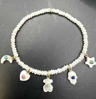 TOUS Bear Pearl Charm Bracelet Gold Tone Turquoise Lapis Multi Stone w/Box