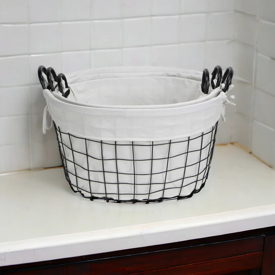 Set Of Three Black Oval Wire Baskets with White Fabric Liners and Handles - Image 3 of 4