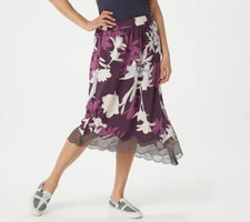 LOGO by Lori Goldstein Size 3X Black Cherry Printed Bi-Stretch Skirt with Lace