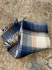 Vintage Faribo Blue Plaid Wool Fringed Stadium Throw Blanket