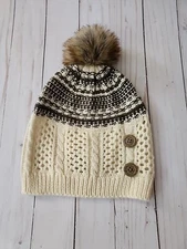 Simply Noelle Hat Womens Cream Button Detail Open Knit Faux Fur Pom Pom Winter