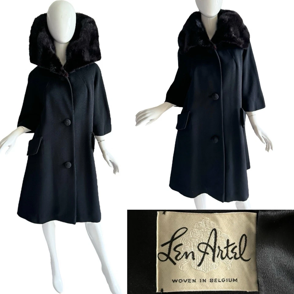 1950-е винтажная норковая отделка шерстяное пальто Len Artel Opera зимняя драматическая куртка - Изображение 4 из 4