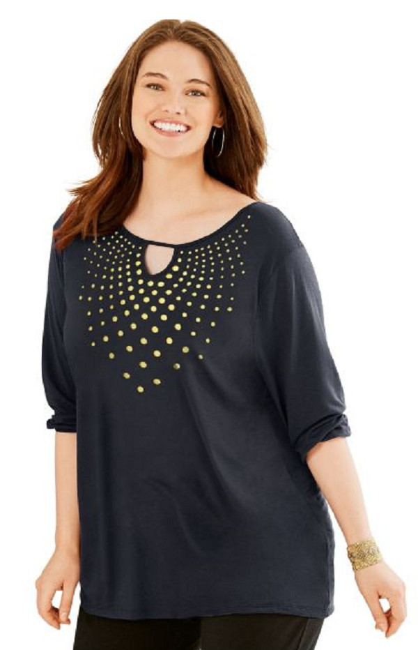 New Just My Size 1X Graphic 3/4 Sleeve Key Hole Neckline Fluid Drape Tunic Top