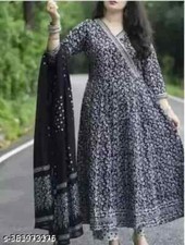 Indian Designer Anarkali Embroidery Women Rayon Kurta With Pant  Cotton Dupatta