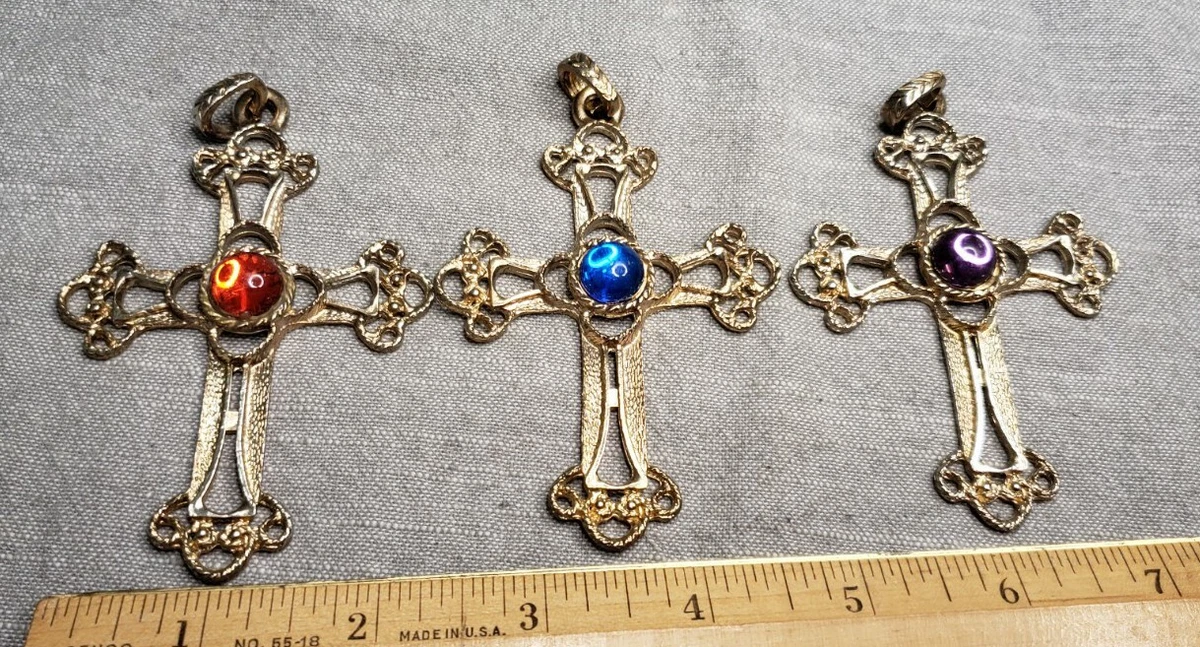 Vintage medal gold tone 3 cross lot blue red purple glass pendant Christian  G84 | eBay
