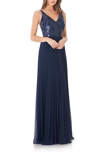 CARMEN MARC VALVO Navy Blue Sequin Bodice Chiffon Criss-Cross Strappy Gown 12 US
