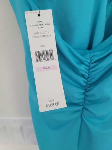 Carmen Marc Valvo Swimsuit Capri Blue One Piece Standard Deep V Neck Size 6 - Picture 6 of 9
