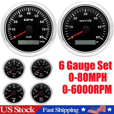 #ad 6 Gauge Set 85mm GPS Speedometer 80MPH Tacho 6000RPMamp;52mm Fuel Temp Oil Volt US $138.72