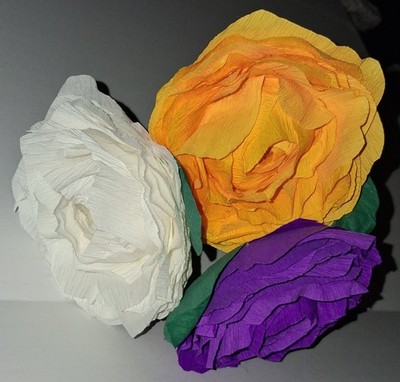 White, Purple & Yellow Rose Bouquet Of Crepe Paper Flowers