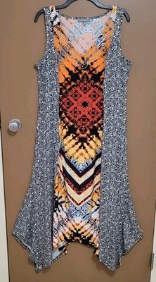 NY Collection Womens Maxi Dress Sleeveless Size L Boho Hippie Asymmetric Aztec 
