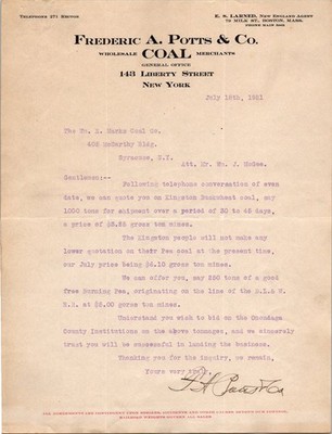 1921 Coal Merchant Letter Frederic A Potts & Co New York Syracuse NY Ephemera