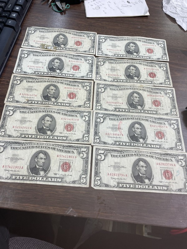 Lot of 10 US $5 Red Seal Notes Series 1963 Circulated Small Size