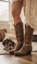 2PC Women Silver Metal Rustic Western Boot Chain Bracelet Shoe Flower Charm Blue