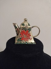 Vtg Precious Cloisonne Enamel Gold Plated Poinsettia Mini Teapot Ornament
