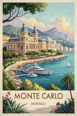 Glamouröses Monte Carlo Monaco Reise Kunst Poster - Chic Riviera Wahrzeichen Druck A1-