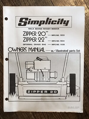 Original Simplicity Walk Behind Rotary Mower Zipper 20” 22” 1033